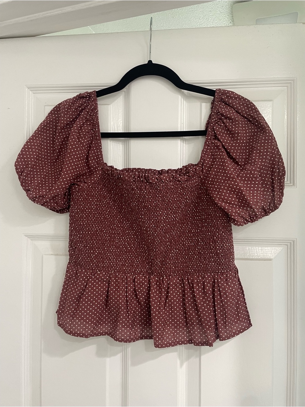 J. Crew Mauve Dot Smocked Puff Sleeve Crop Top
